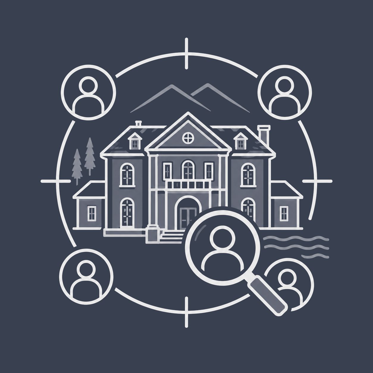 Luxury estate with buyer profiles and magnifying glass representing audience clarity for East Tennessee sellers