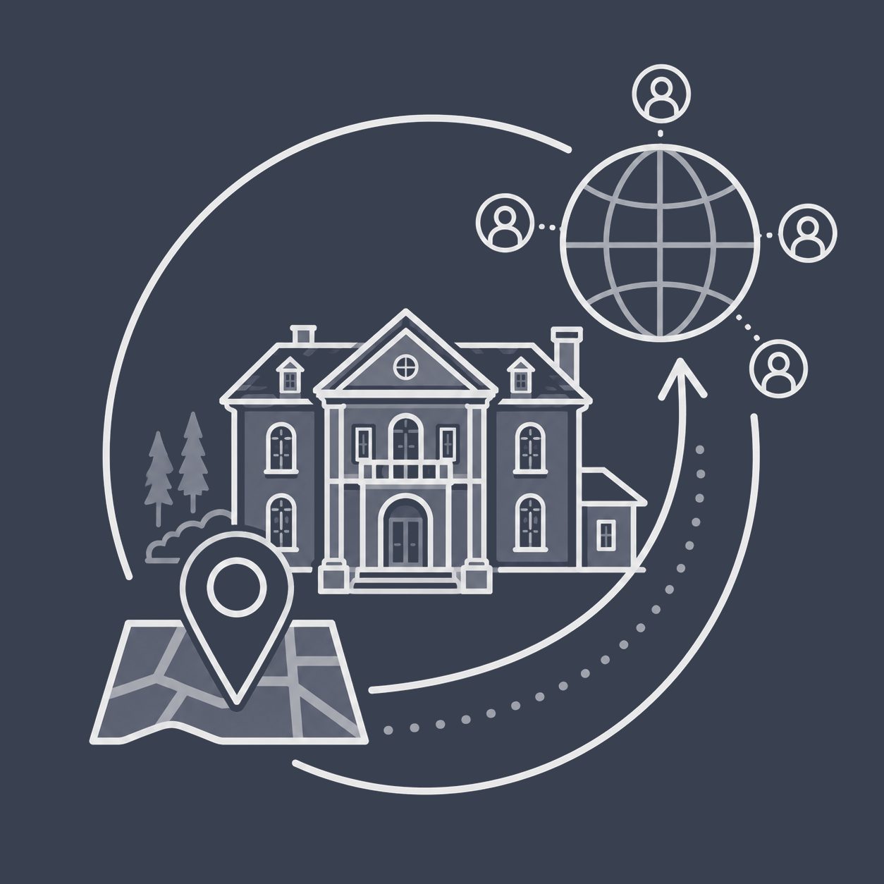 Luxury home connected from a local map pin to a broader global real estate network