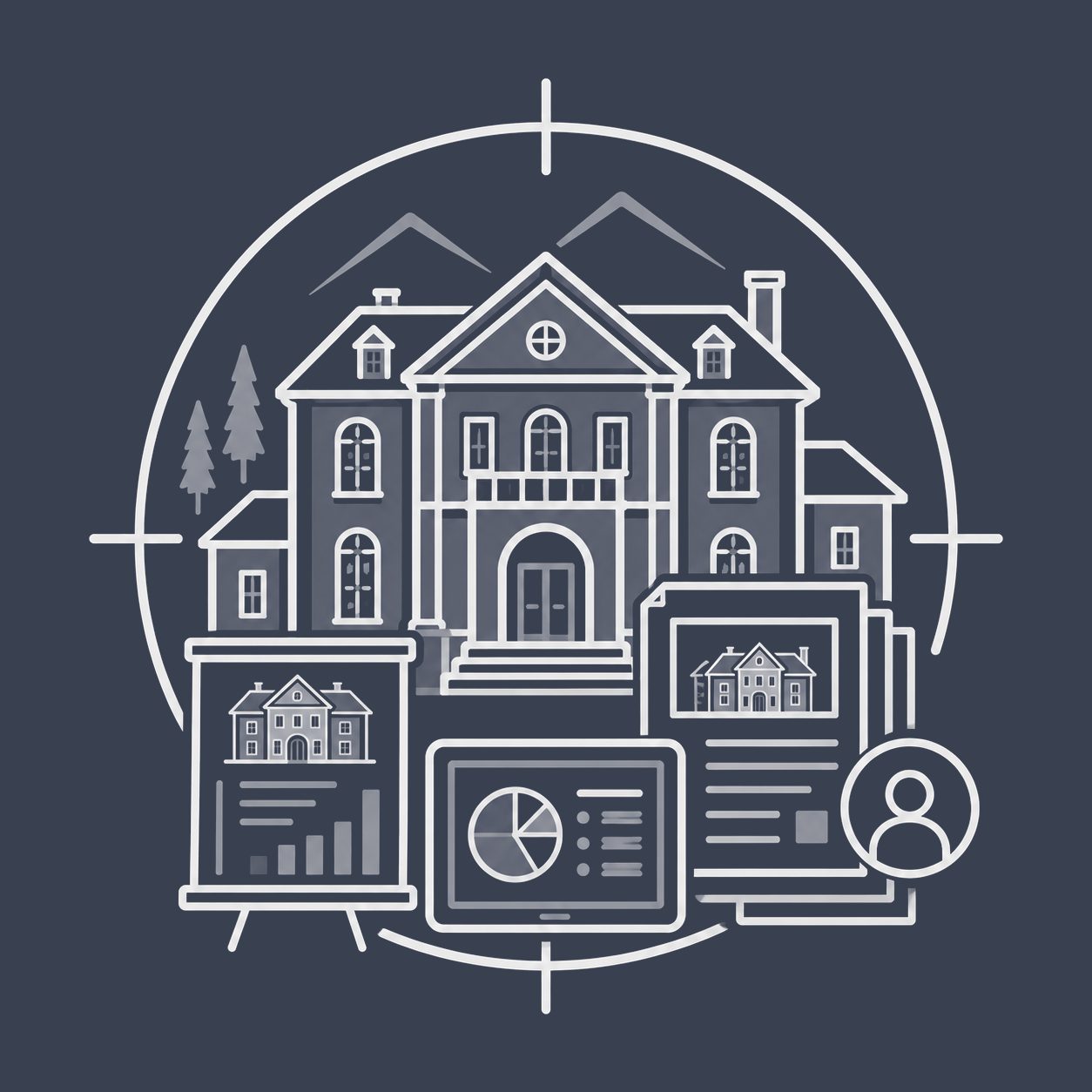 Luxury mansion with reports, presentation board and analytics representing real estate marketing resources