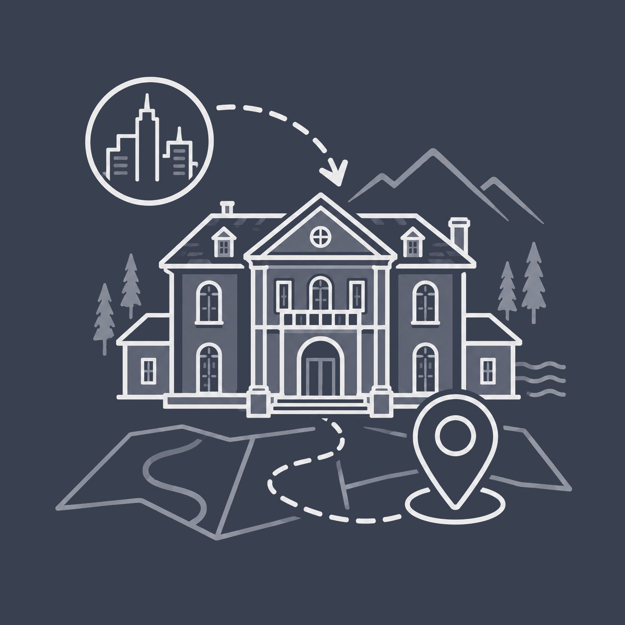 Luxury home with city, route, map and location pin representing relocation to East Tennessee