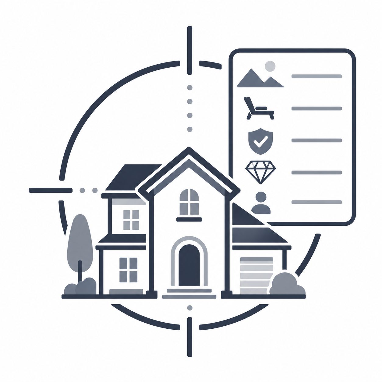 Luxury home with positioning guides and property feature panel representing strategic real estate positioning