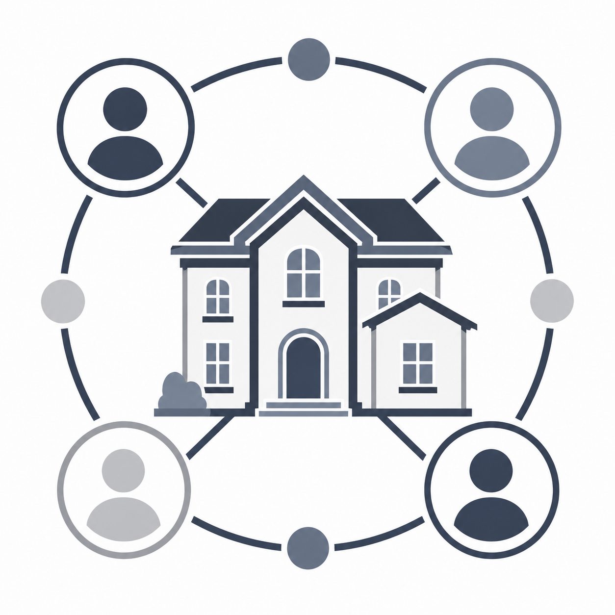 Luxury home surrounded by connected professional profiles representing relationship-based real estate reach