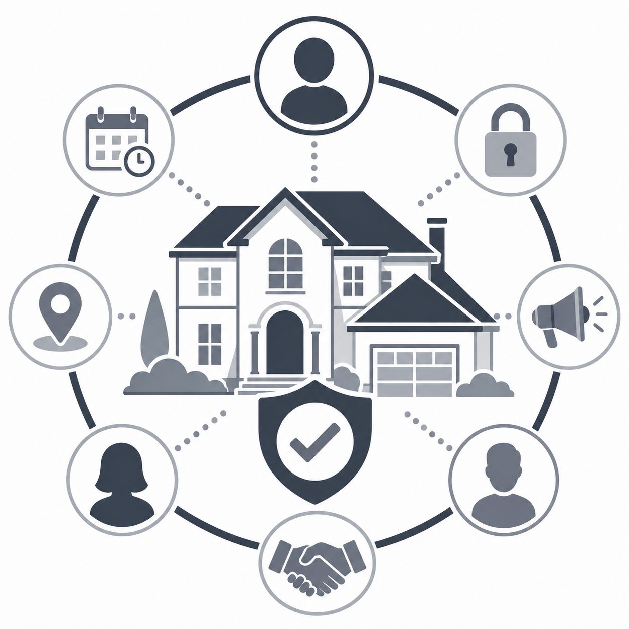 Luxury home with connected clients, security, communication and handshake icons representing confident guidance