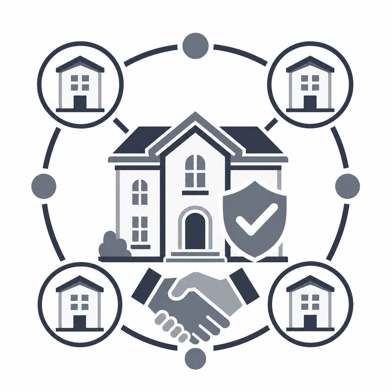 Luxury brokerage surrounded by connected offices with a handshake and checkmark shield representing independent strength