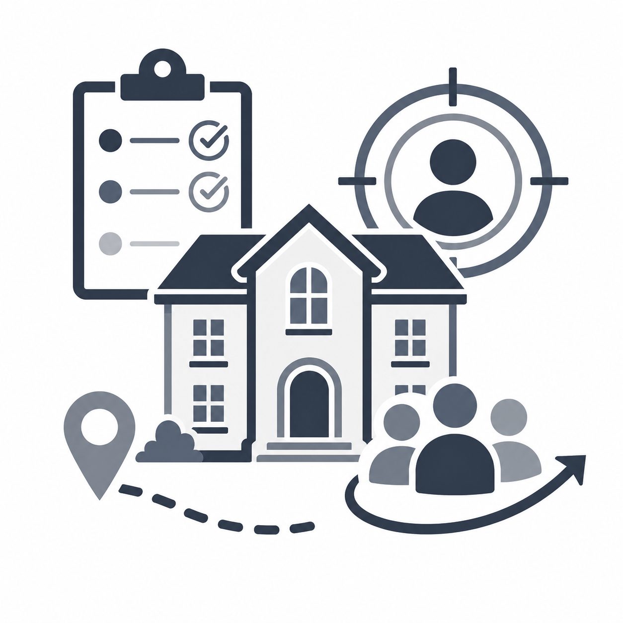 Luxury home with checklist, buyer target and audience icons representing listing strategy support