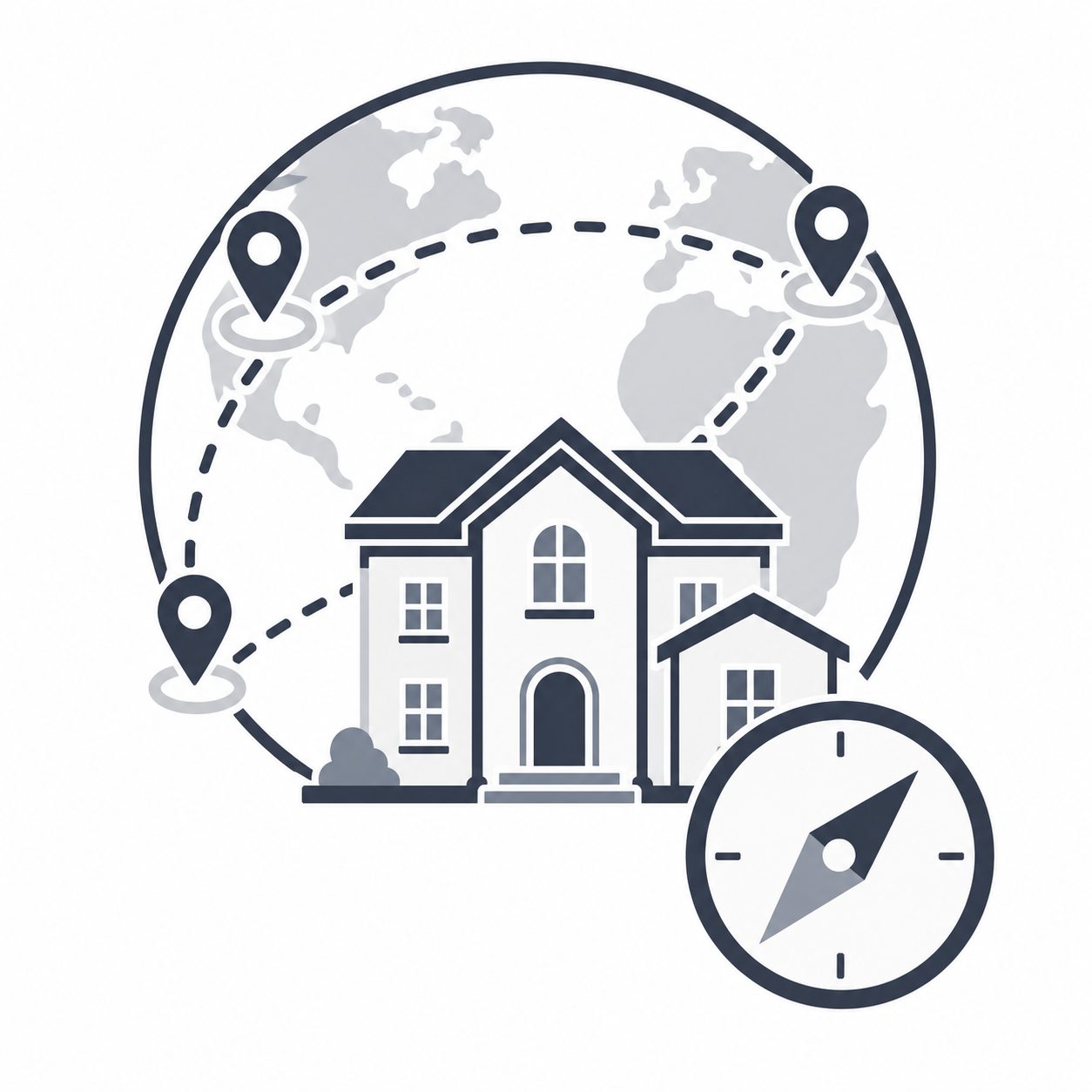 Luxury home with global locations and compass representing buyer guidance across real estate markets
