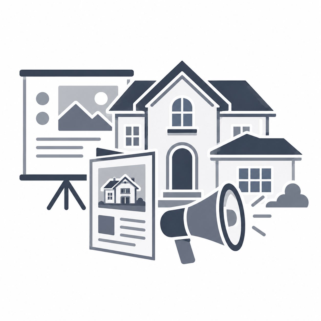Luxury home with presentation board, property brochure and megaphone representing real estate marketing resources