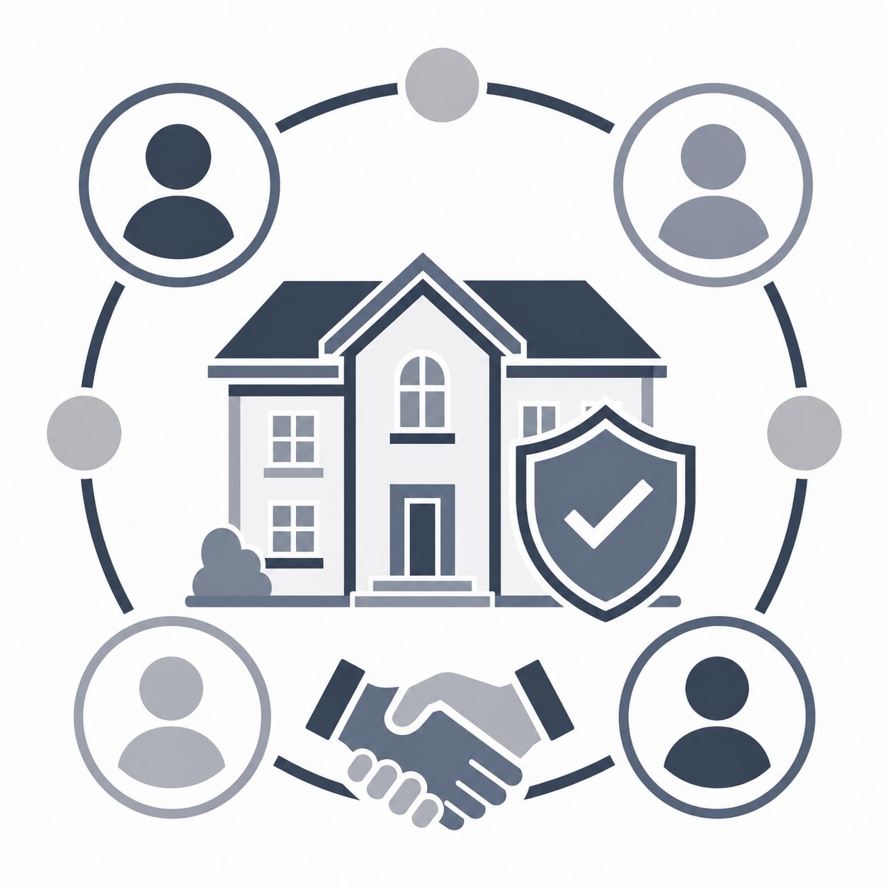 Luxury home with professional profiles, handshake and checkmark shield representing trusted real estate credibility