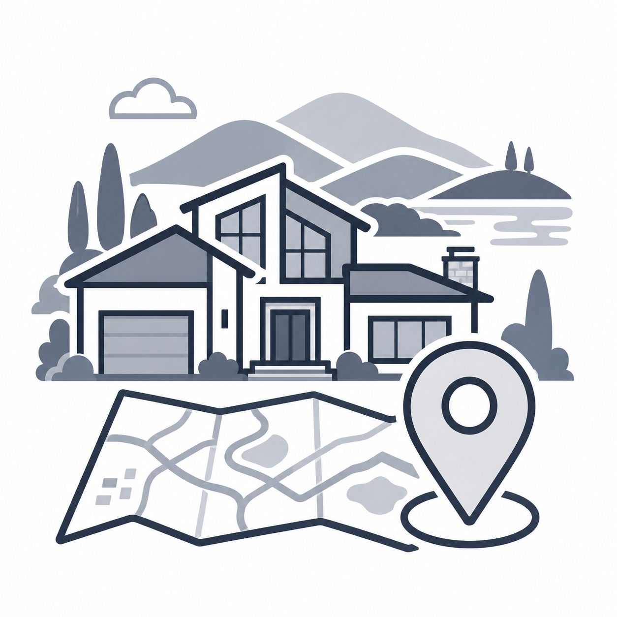 Luxury home with East Tennessee landscape, folded map and location pin representing local market clarity