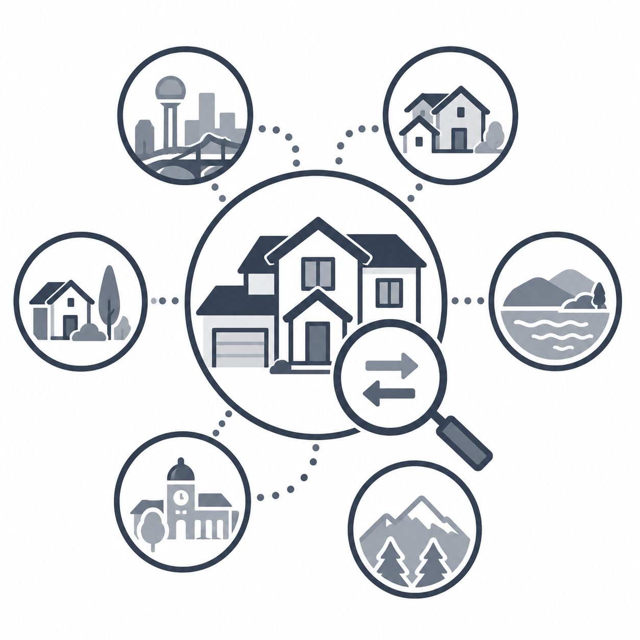 Luxury home connected to multiple East Tennessee community icons with comparison arrows and magnifying glass