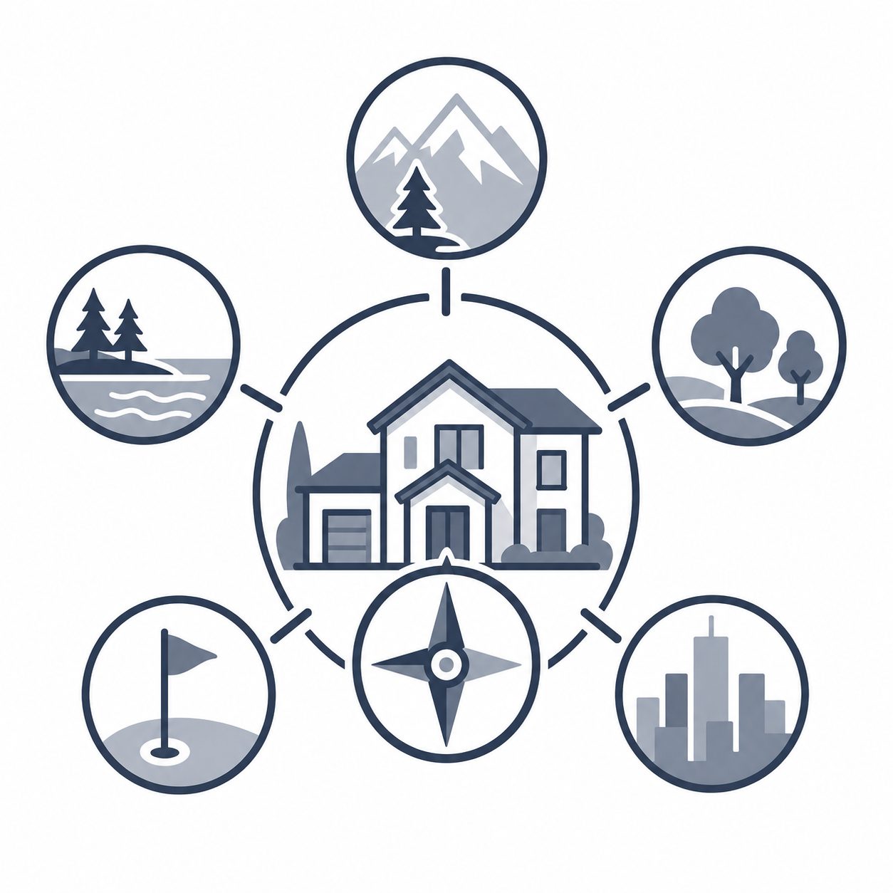 Luxury home with lake, mountain, acreage, golf and city symbols representing property-type guidance