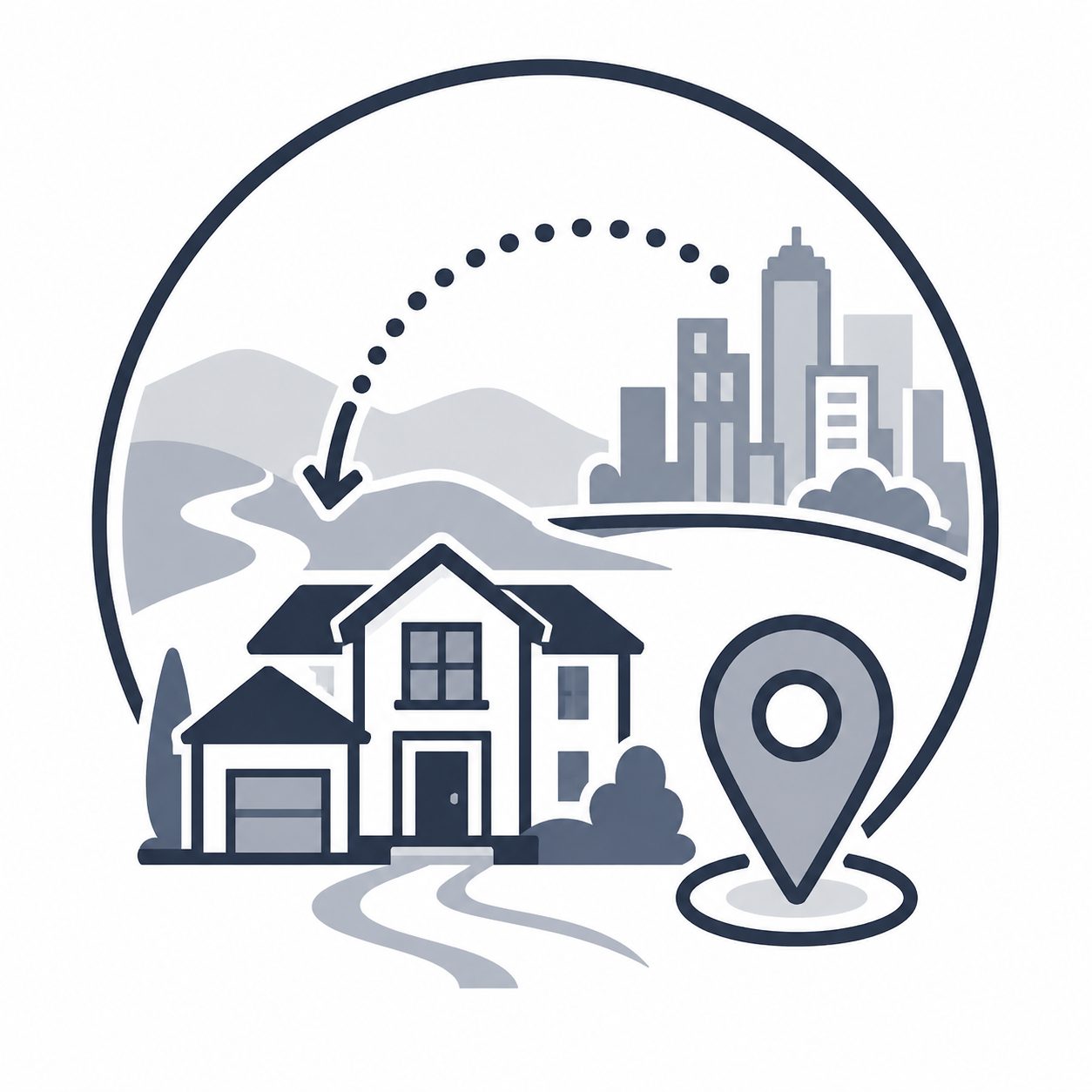Luxury home with city skyline, route arrow and location pin representing relocation support to East Tennessee