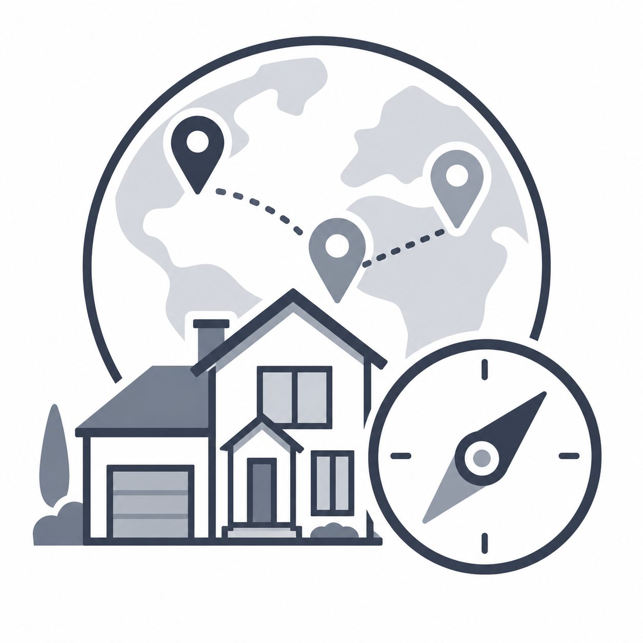 Luxury home with global location markers and compass representing broader luxury market perspective