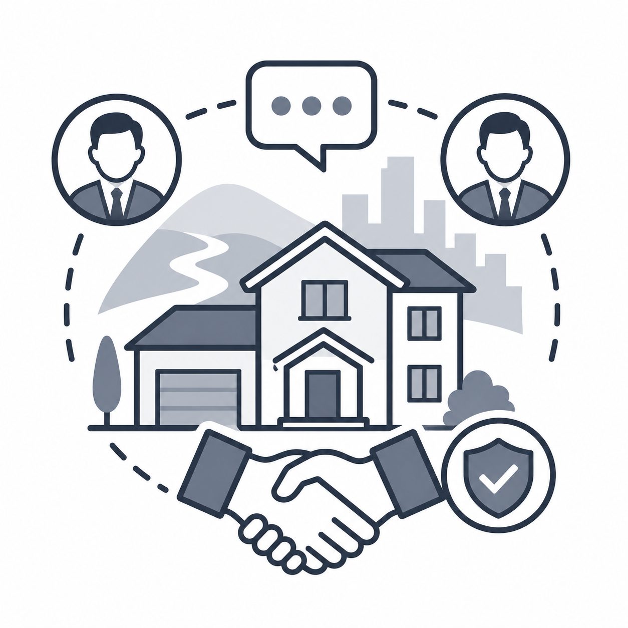 Luxury home with professional agents, handshake, speech bubble and trust shield representing local relationships