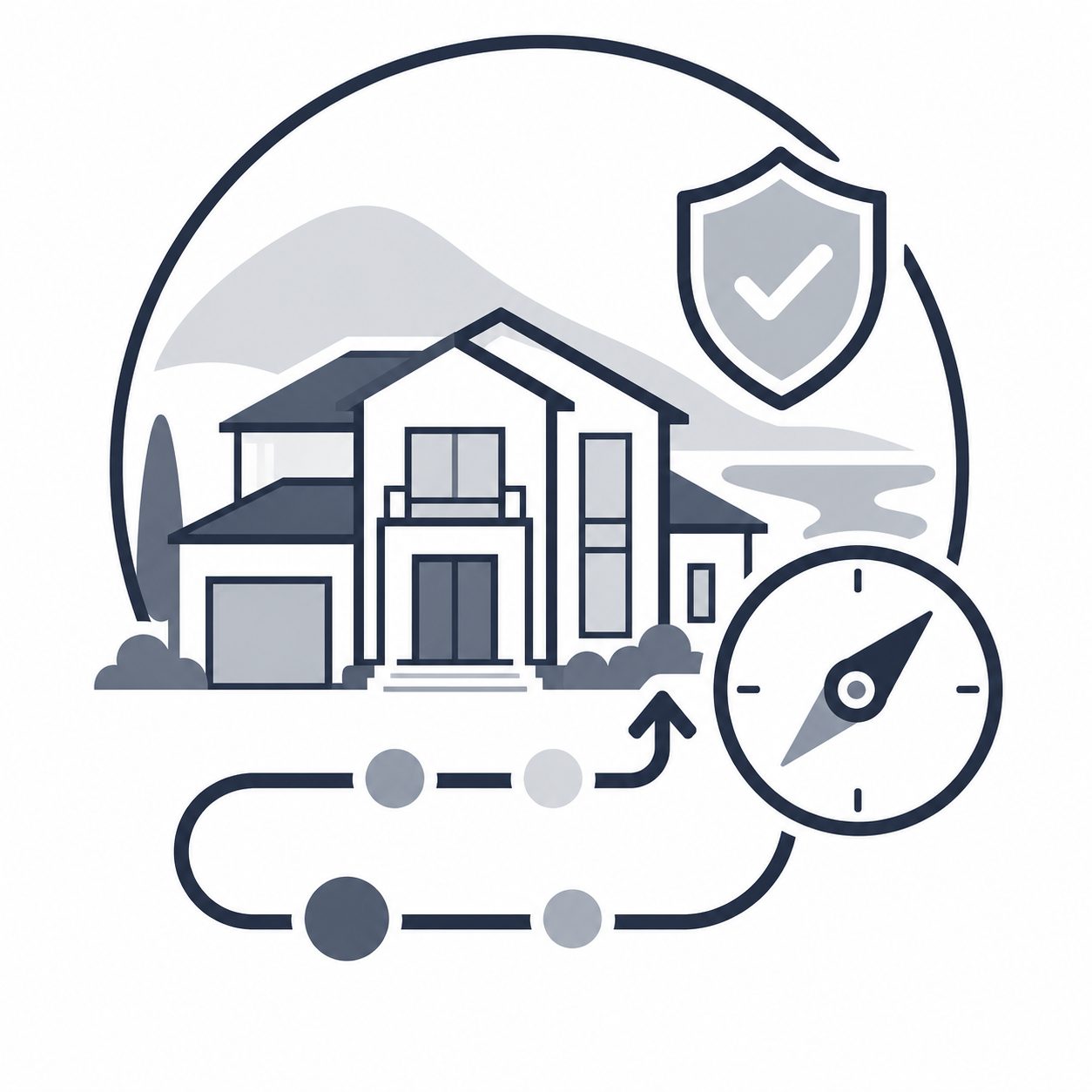 Luxury home with compass, milestone path and checkmark shield representing long-term buyer confidence