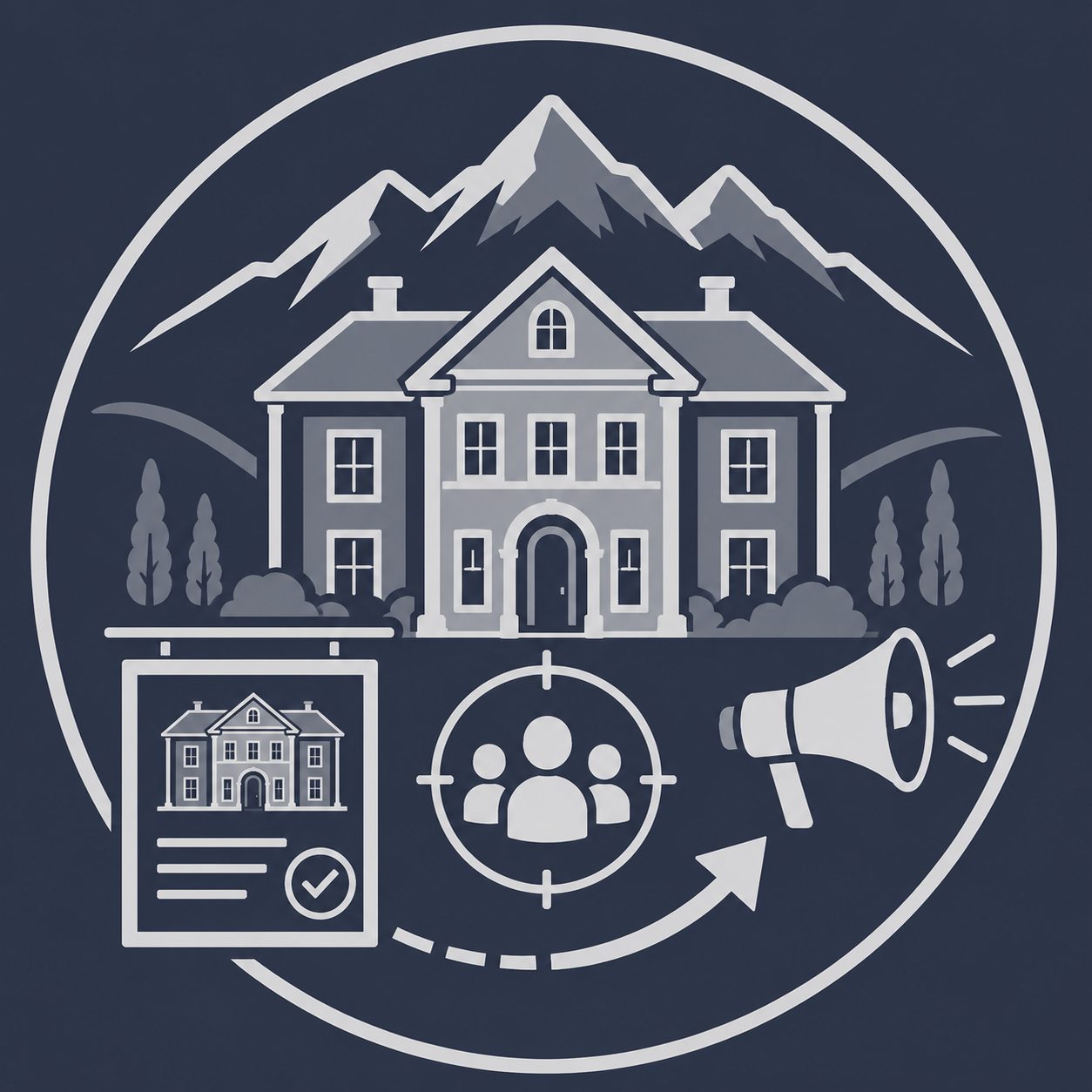 Luxury mansion with listing presentation, buyer target and megaphone representing seller marketing strategy