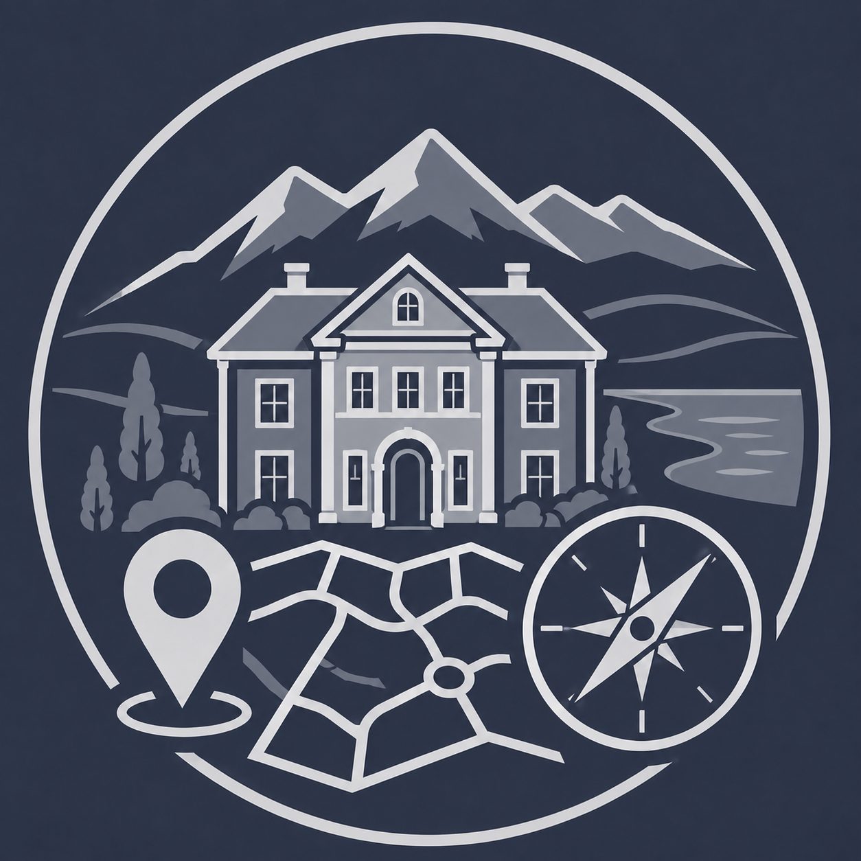 Luxury home with East Tennessee mountains, water, map, location pin and compass representing local market guidance