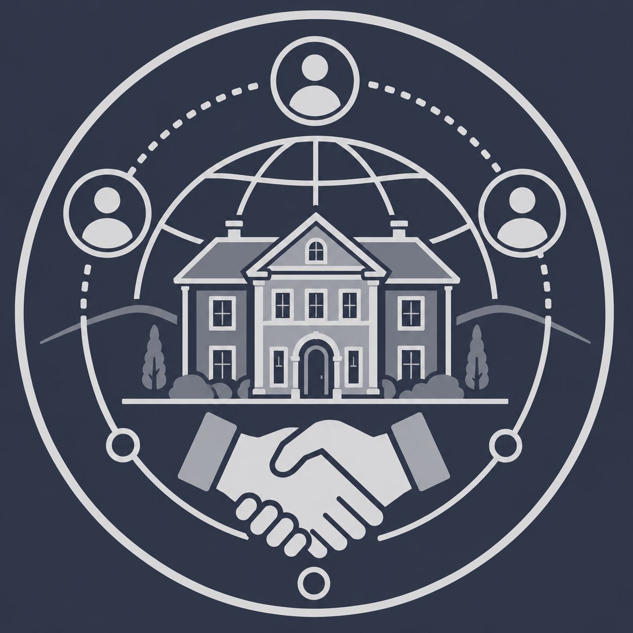 Luxury mansion with global network, professional profiles and handshake representing broader real estate connections