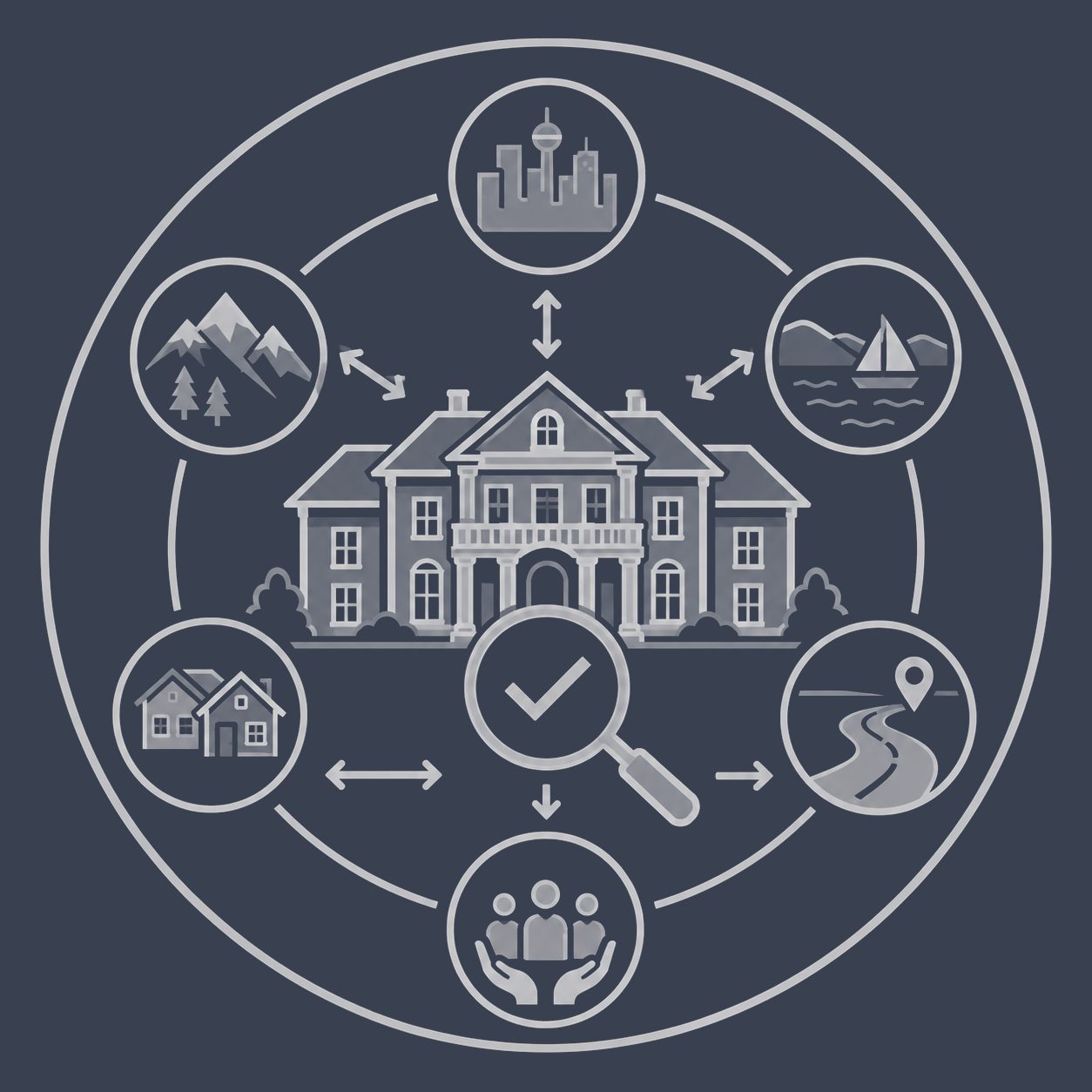 Luxury mansion surrounded by city, mountain, lake, neighborhood and access symbols representing East Tennessee community fit