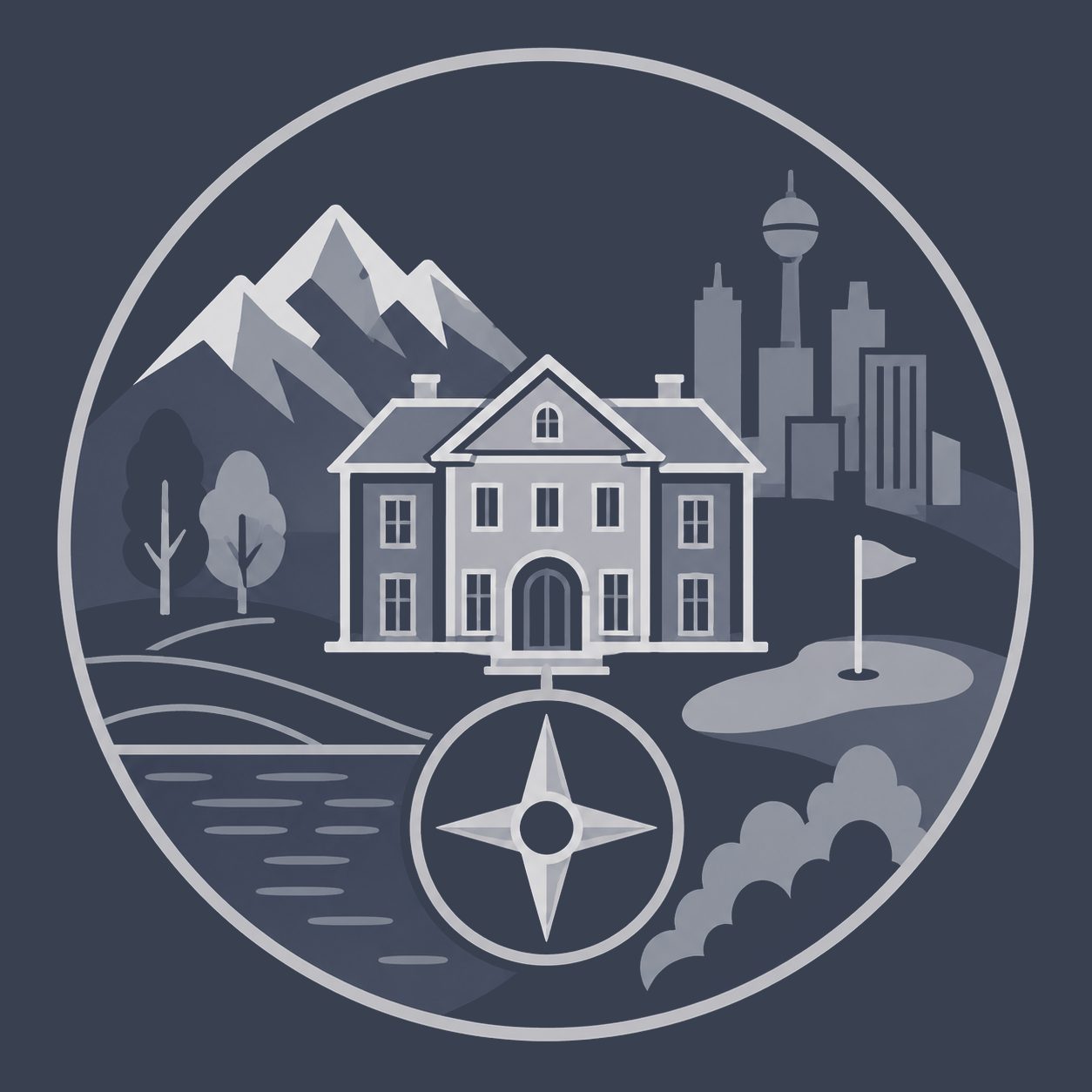 Luxury mansion with mountain, lake, golf, city and landscape symbols representing property-type guidance