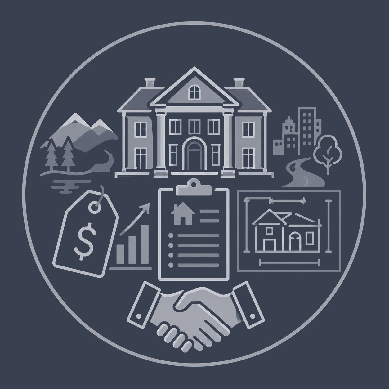 Luxury mansion with price tag, market chart, listing checklist, property plan and handshake representing local market expectations