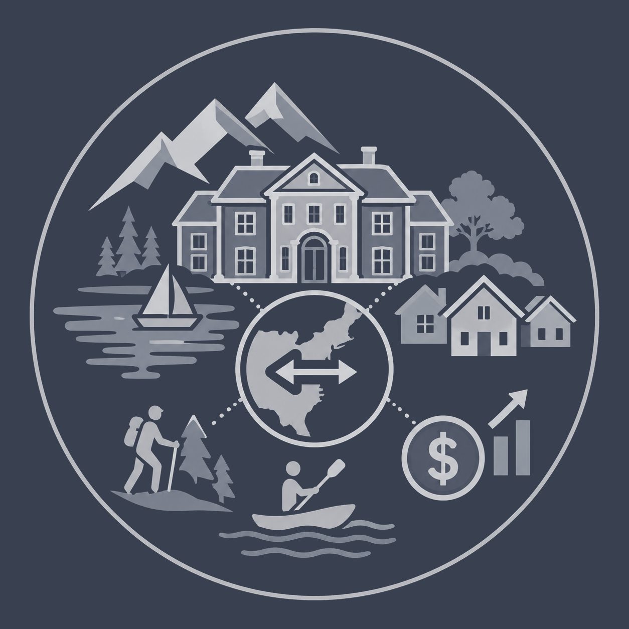 Luxury mansion with lake, mountains, neighborhoods, recreation and value symbols representing lifestyle market comparison