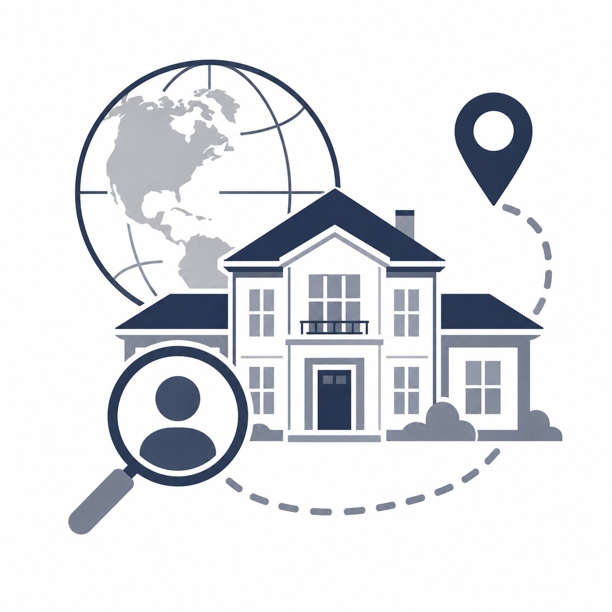 Luxury home with globe, buyer search icon and location pin representing out-of-area buyer awareness