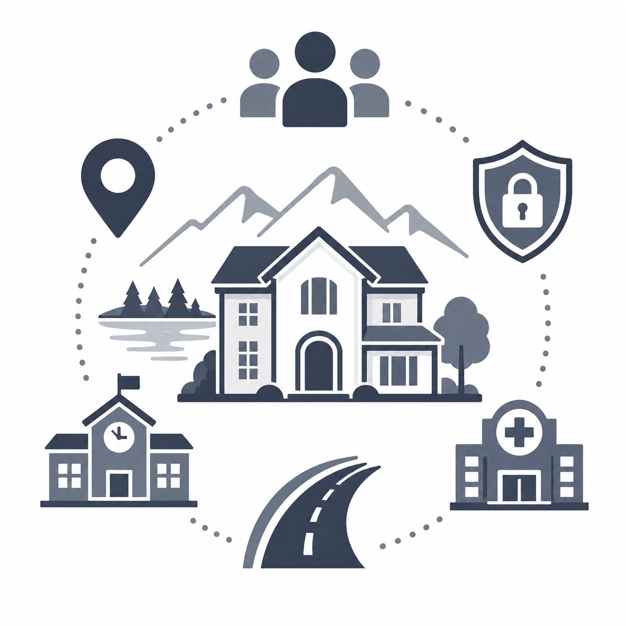 Luxury home with mountains, lake, school, medical center, road and community symbols