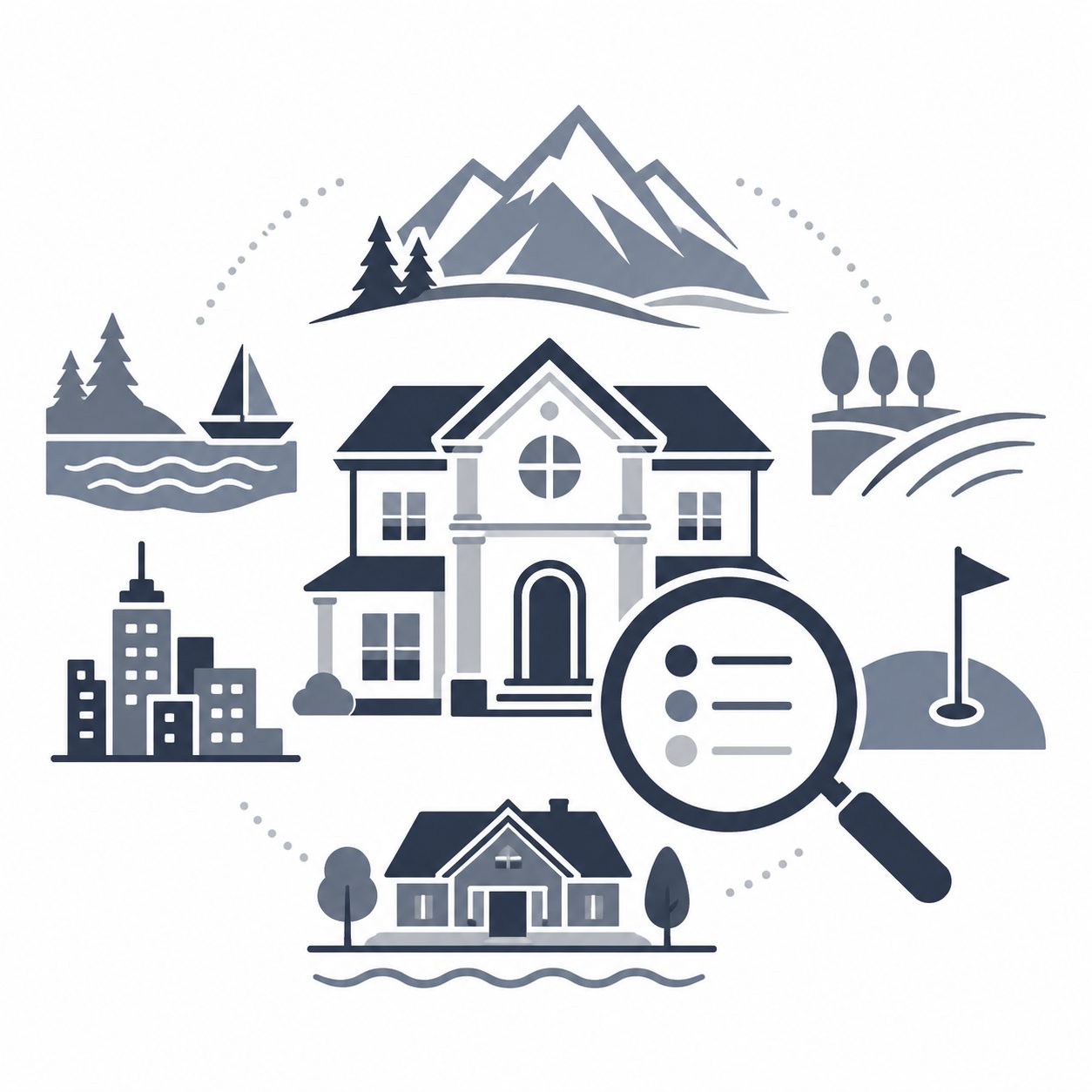 Luxury home with lake, mountain, acreage, golf, city and second-home symbols representing lifestyle comparison