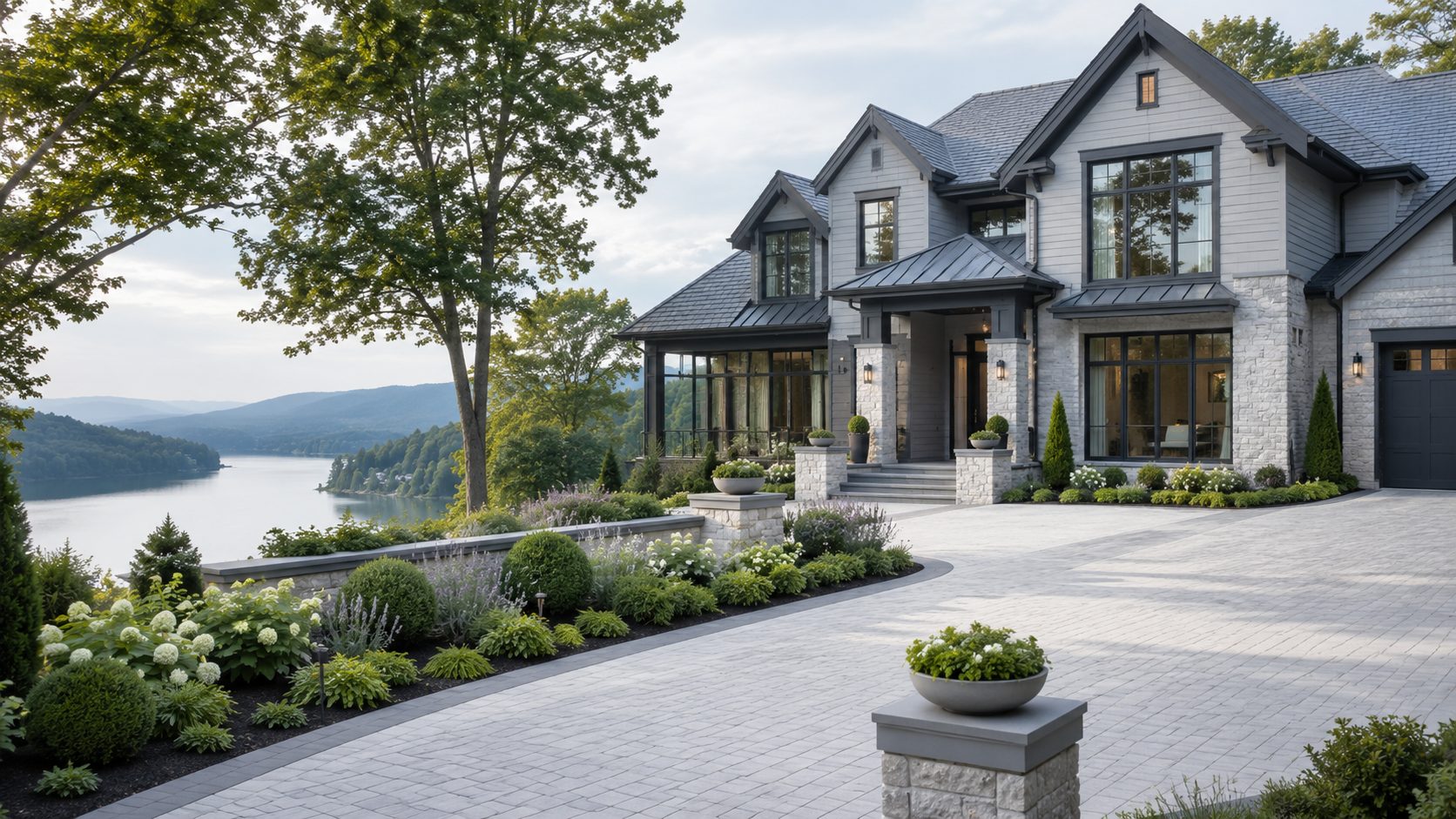 Modern East Tennessee luxury home with blue-gray exterior details, landscaped driveway, and panoramic lake and mountain views.