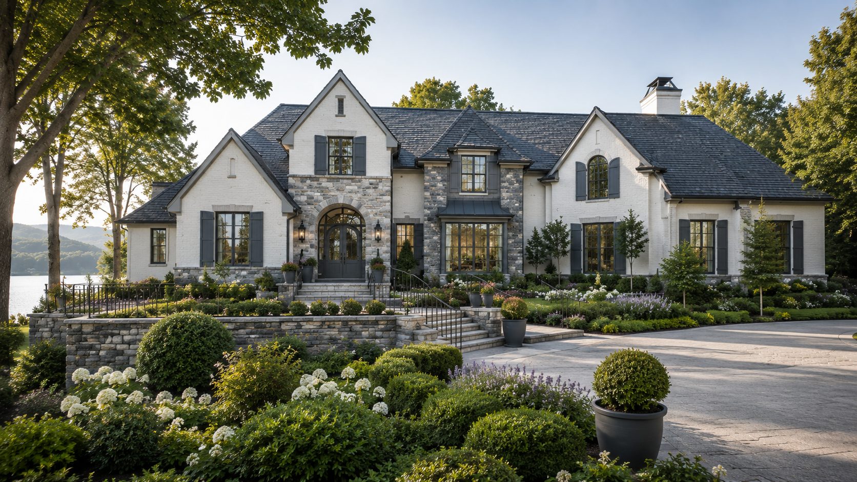 Elegant luxury home with blue-gray architectural details, stone accents, landscaped gardens, and a distant lake view.