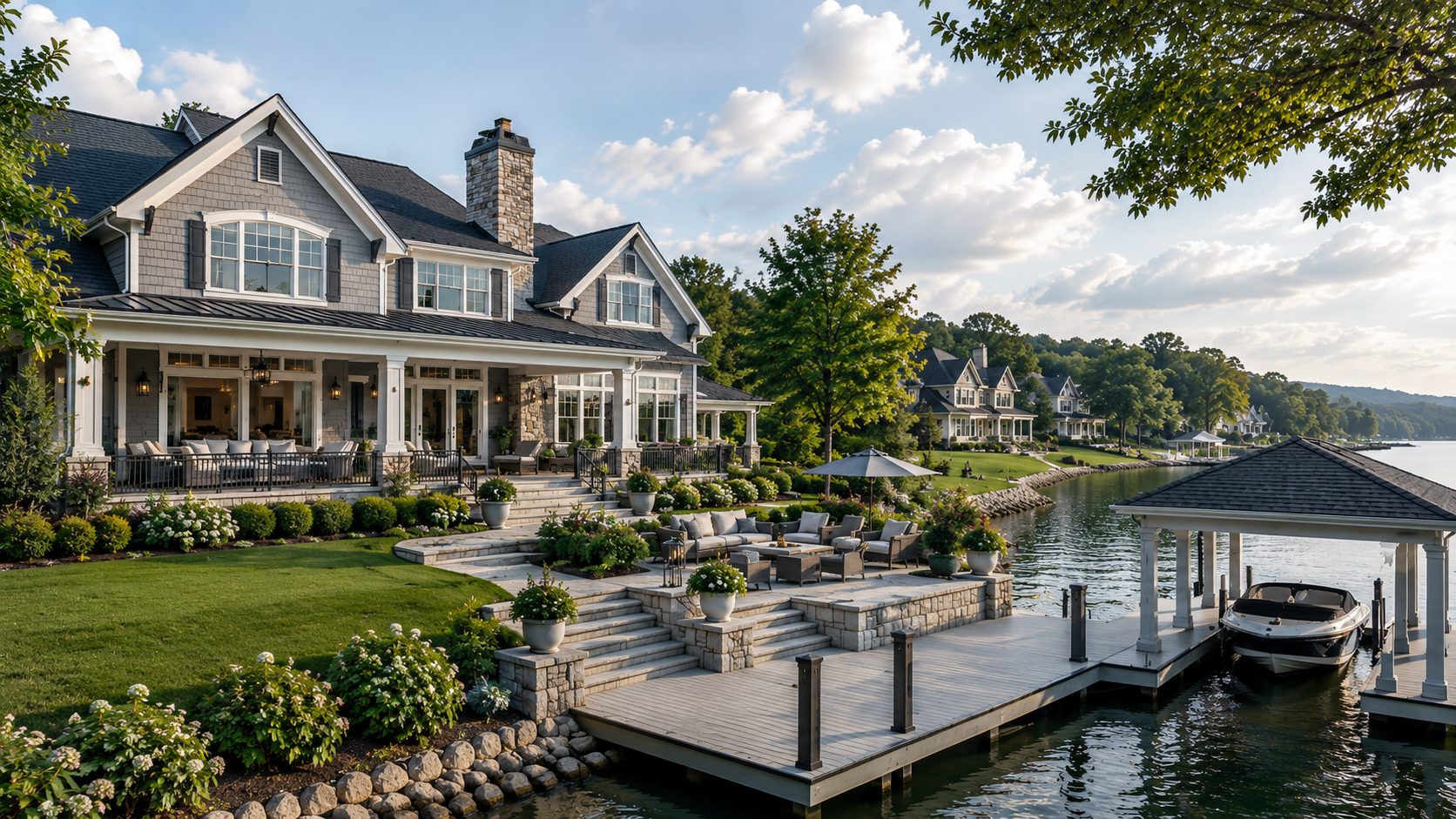 Luxury waterfront home with blue-gray exterior finishes, outdoor living areas, private dock, and covered boat slip.