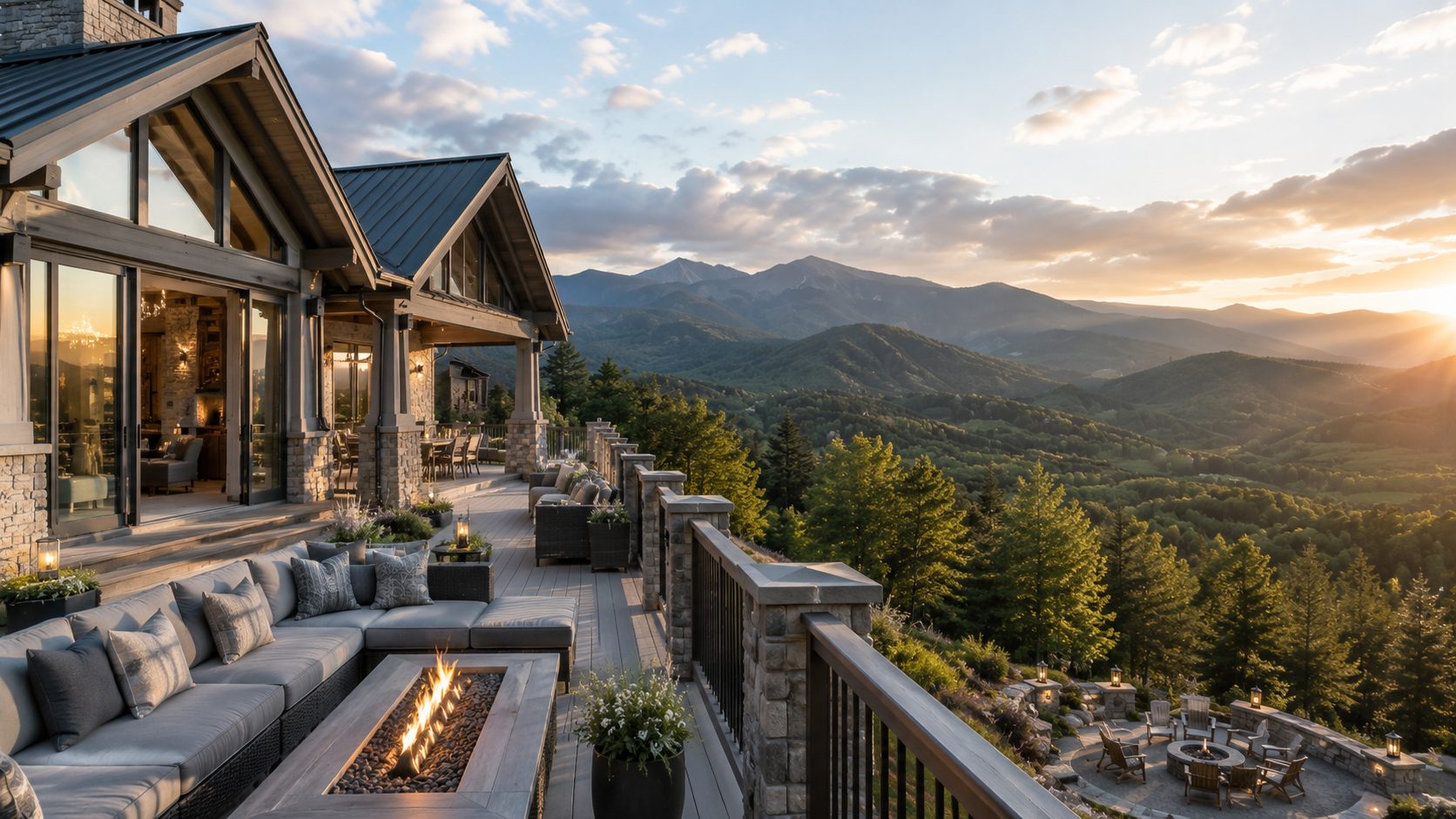 Luxury mountain lodge with blue-gray roofing, stone architecture, outdoor fire feature, and panoramic Smoky Mountain views.