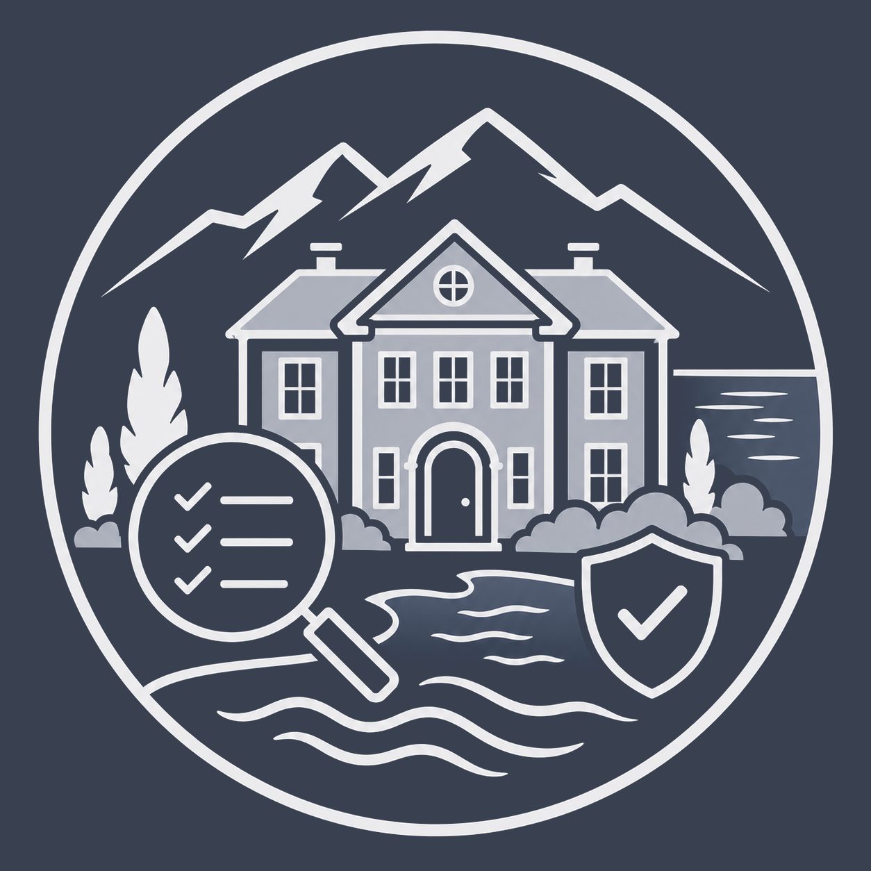 Luxury mansion with property checklist, waterfront setting and trust shield representing buyer understanding