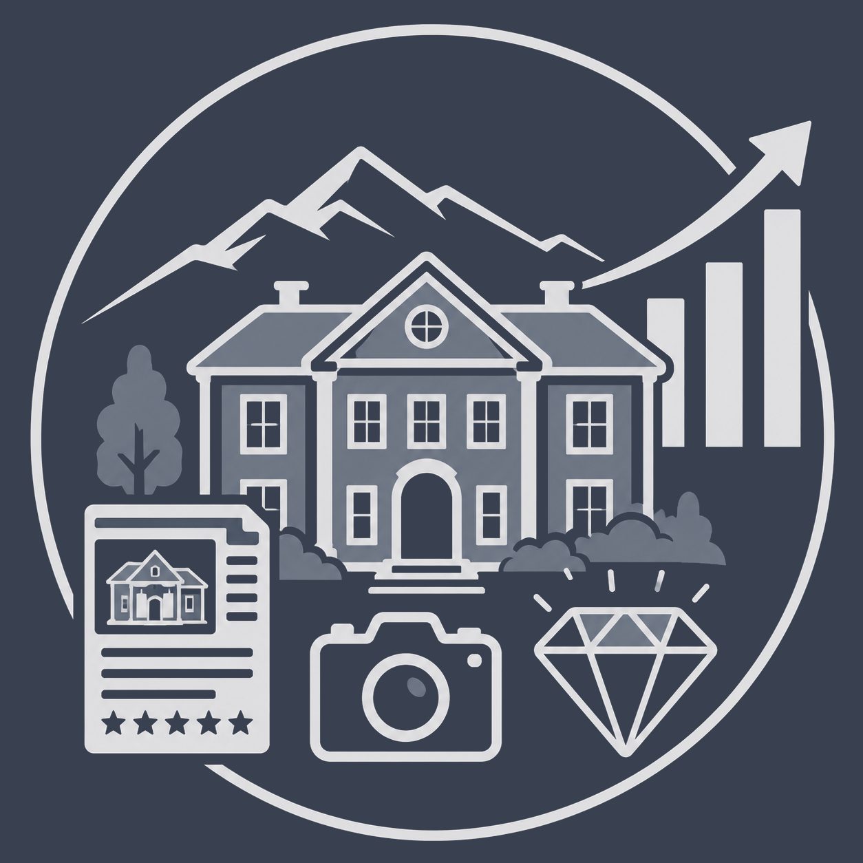 Luxury mansion with listing materials, camera and rising market chart representing strategic exposure planning