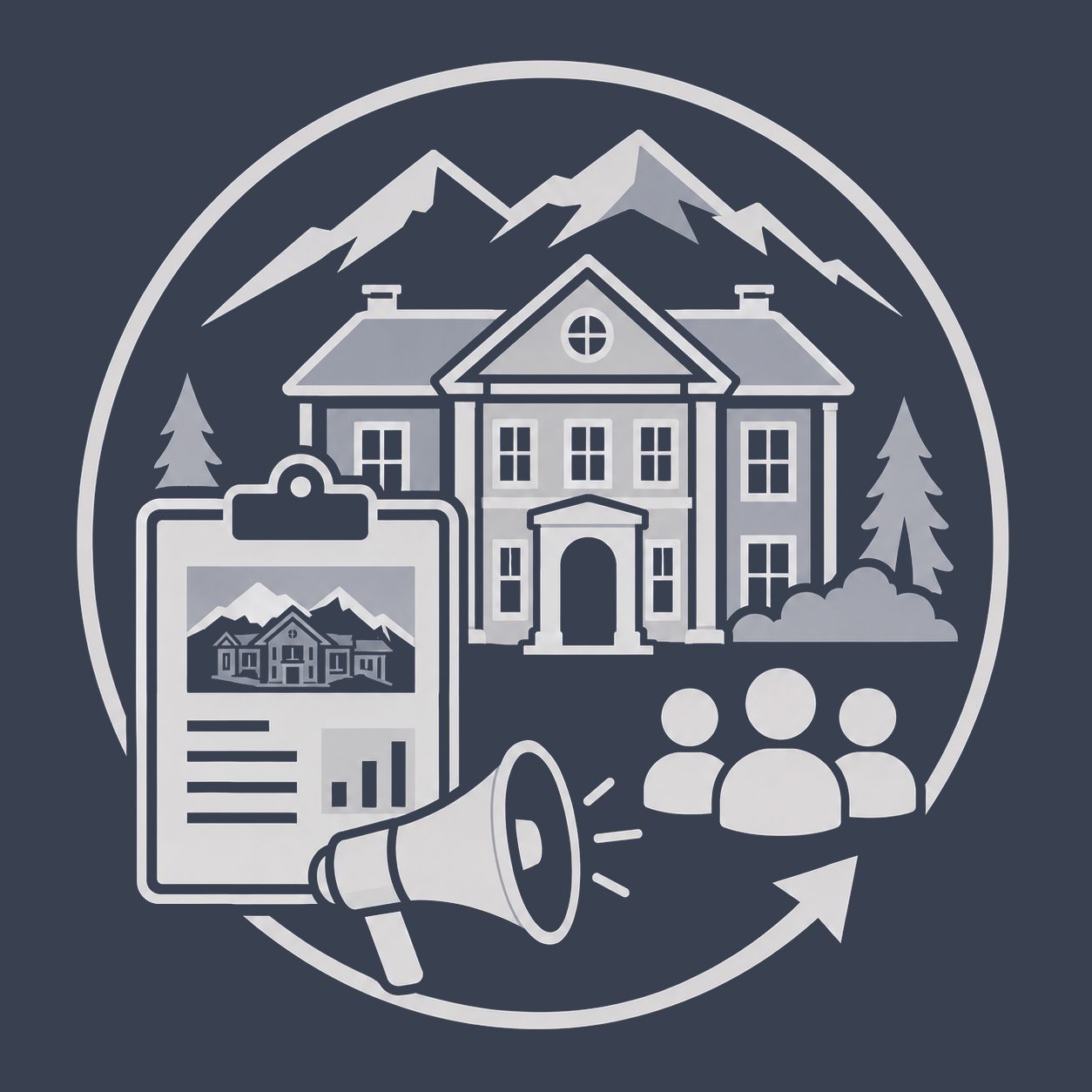 Luxury mansion with mountain setting, property details, buyer audience and marketing symbols representing a stronger property story