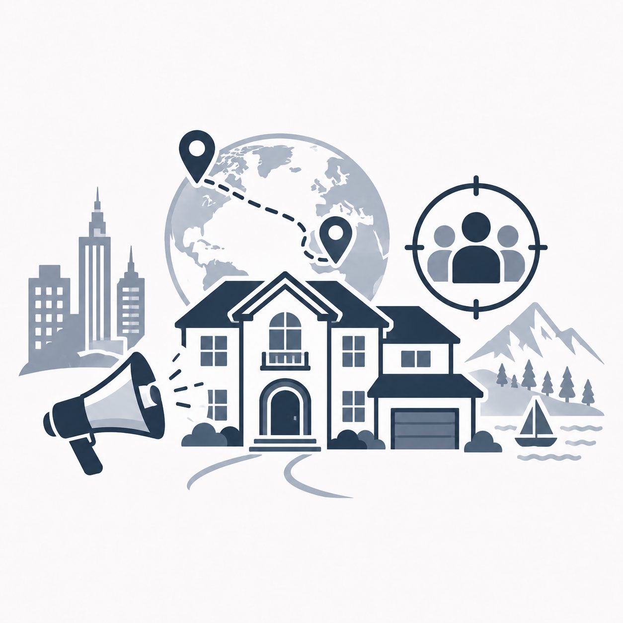Luxury home with property brochure, interior video and megaphone representing polished listing presentation