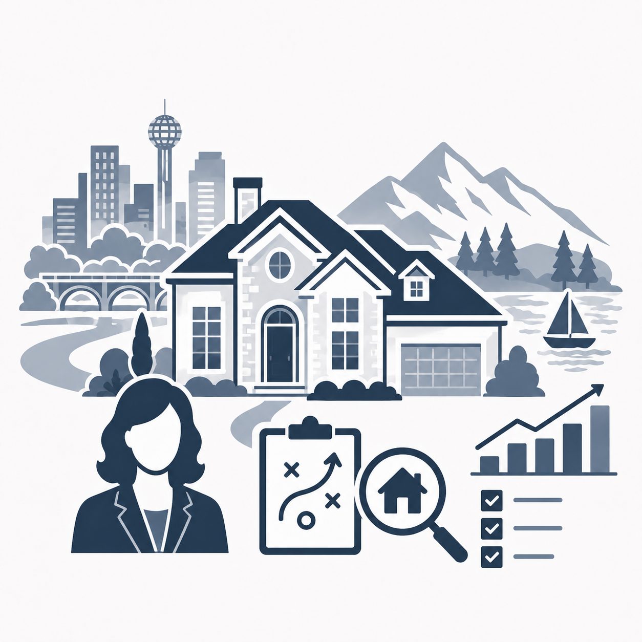 Luxury home with buyer magnifying glass, audience network and lifestyle value symbols representing consumer insight