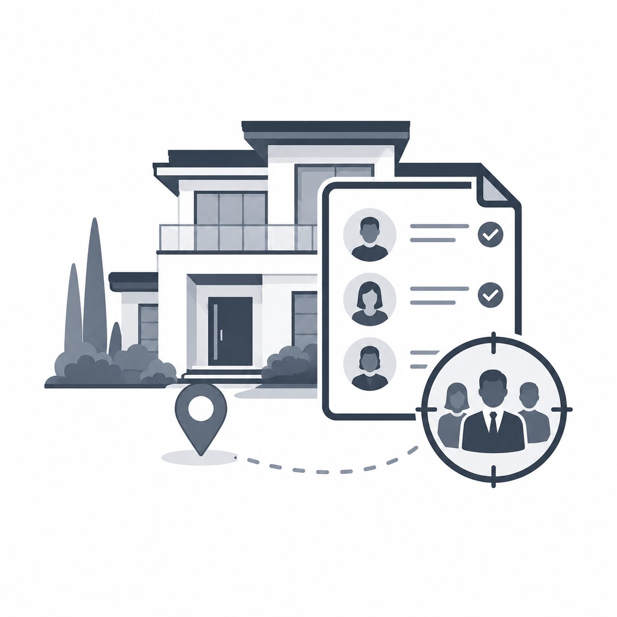 Luxury home with buyer magnifying glass and lifestyle preference symbols representing consumer insight