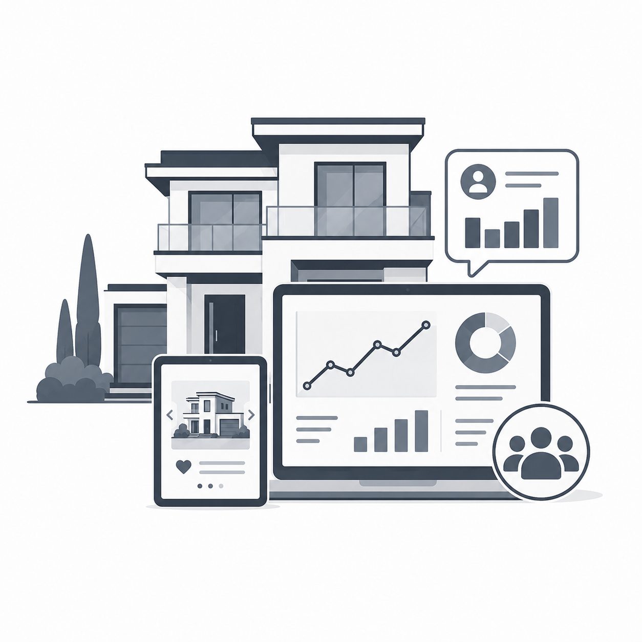 Luxury home with digital analytics dashboard, viewing data and audience engagement charts