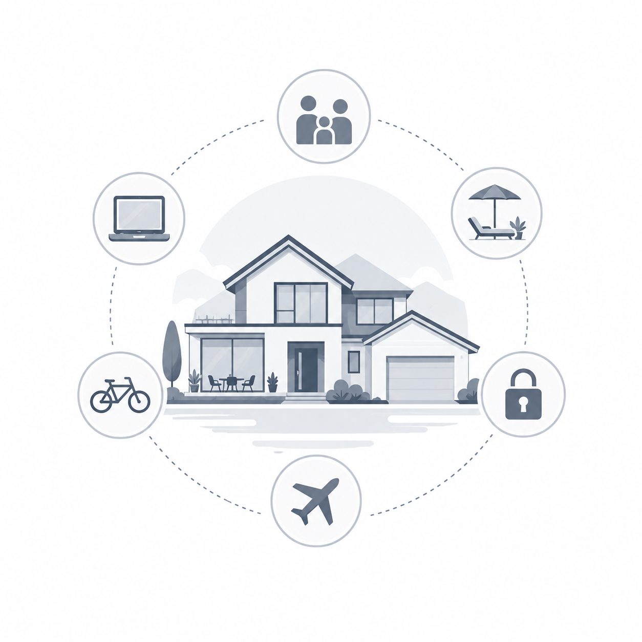 Luxury home surrounded by family, remote work, recreation, privacy and travel symbols representing lifestyle fit