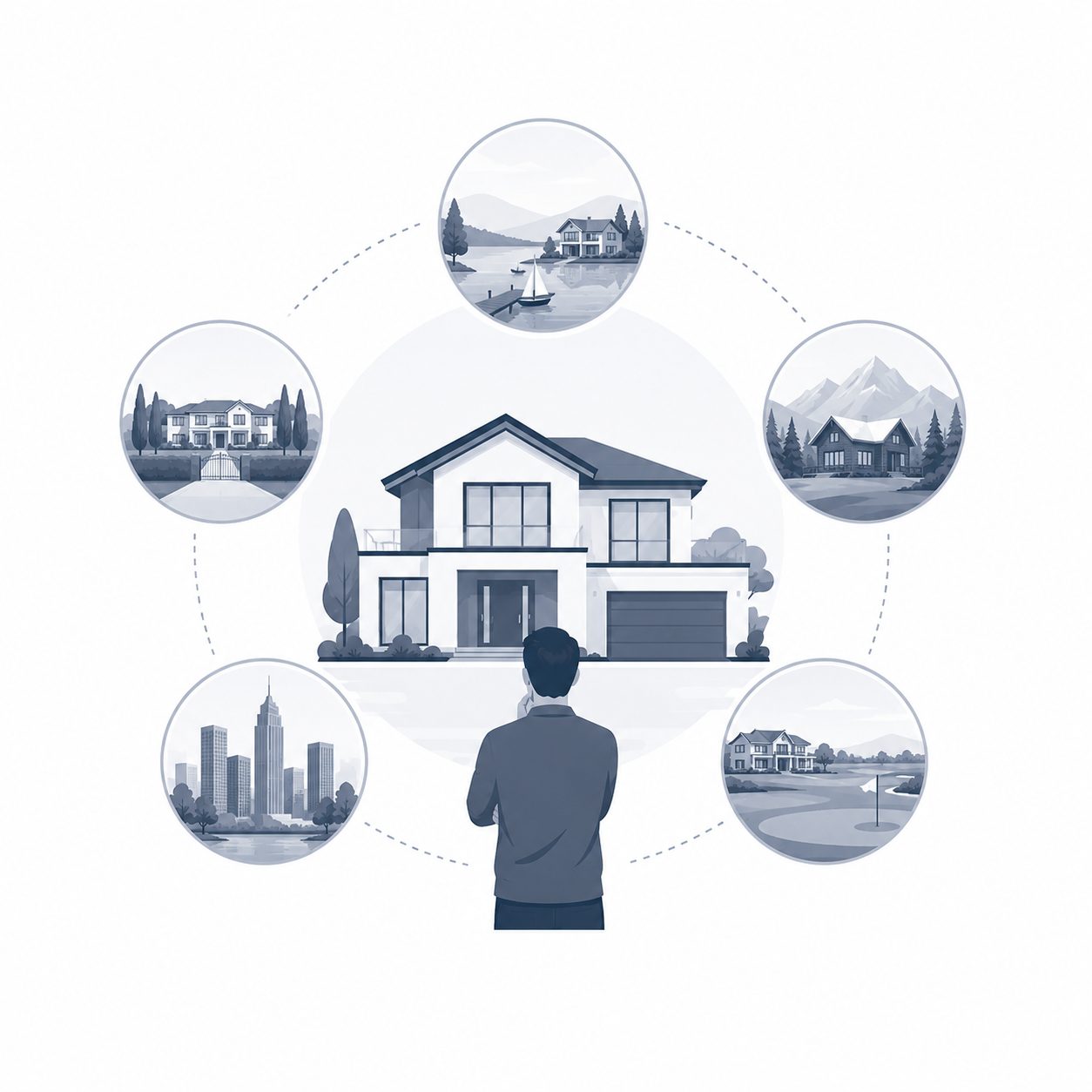 Luxury home with magnifying glass and question symbols representing informed property evaluation