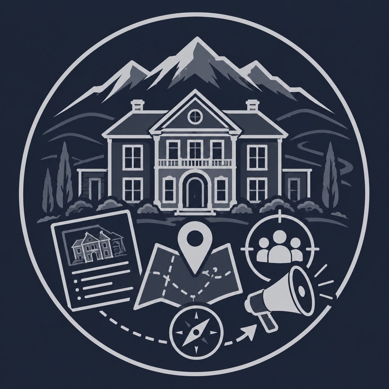 East Tennessee luxury mansion with listing materials, location map, targeted audience and megaphone representing seller positioning