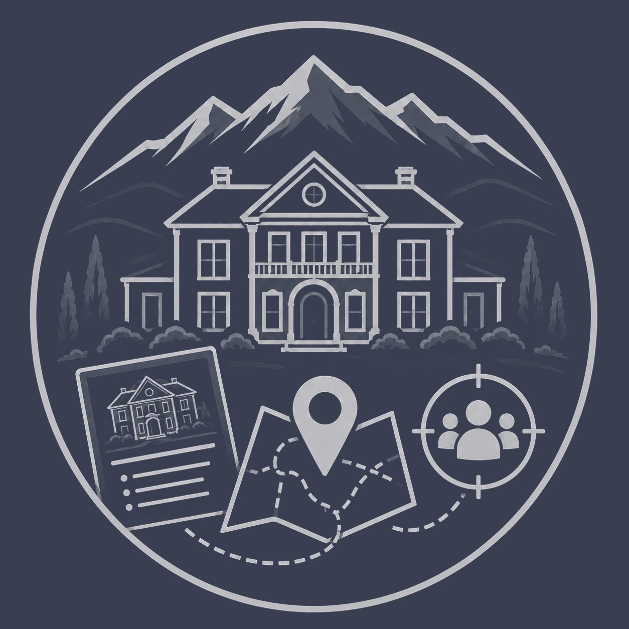 Luxury estate with property brochure, map, location pin and targeted buyer audience representing strategic positioning