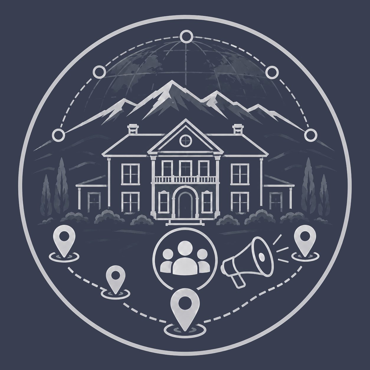 Luxury mansion with global network, multiple location pins and targeted audience representing wider buyer awareness