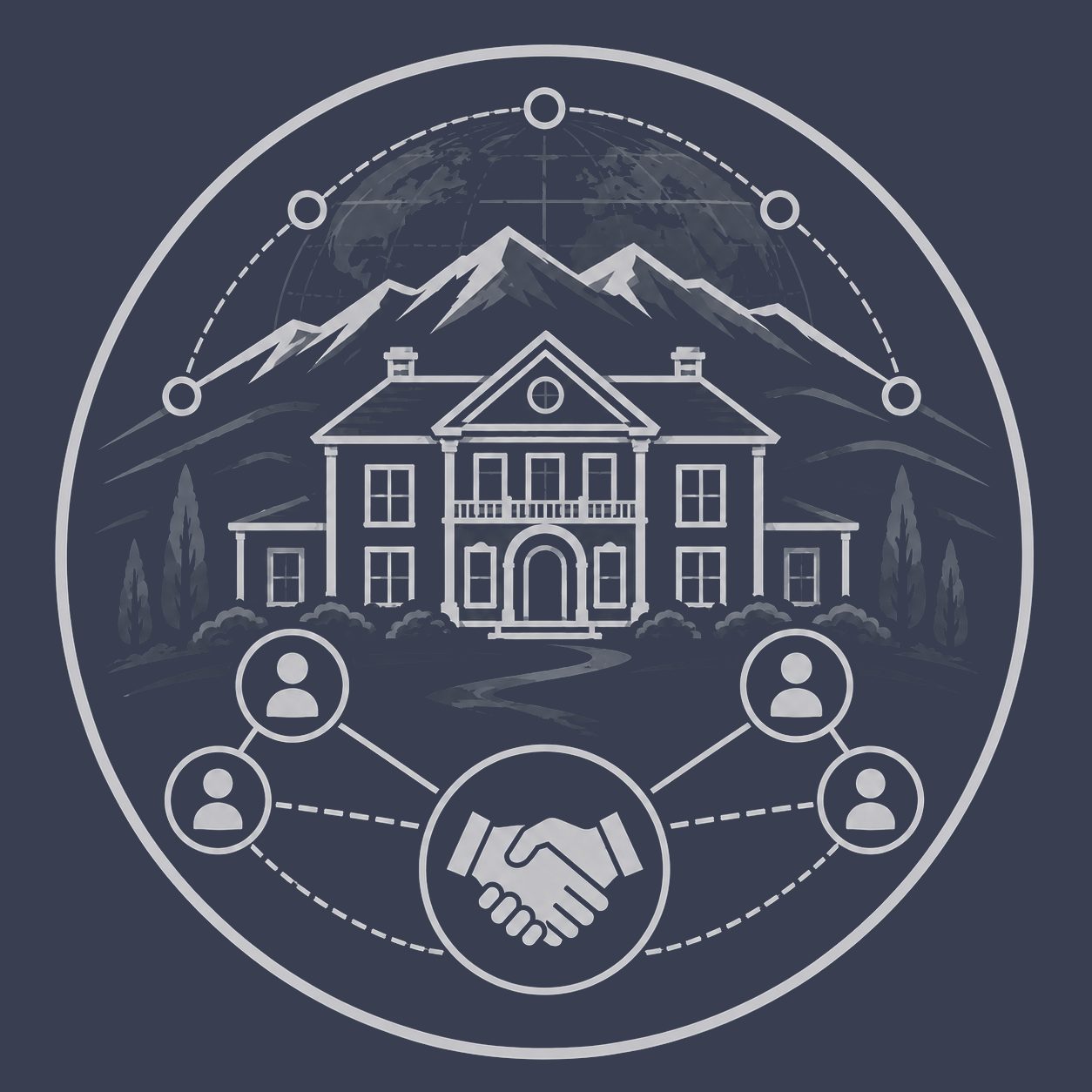 Luxury mansion with global network, professional profiles and handshake representing broader real estate connections