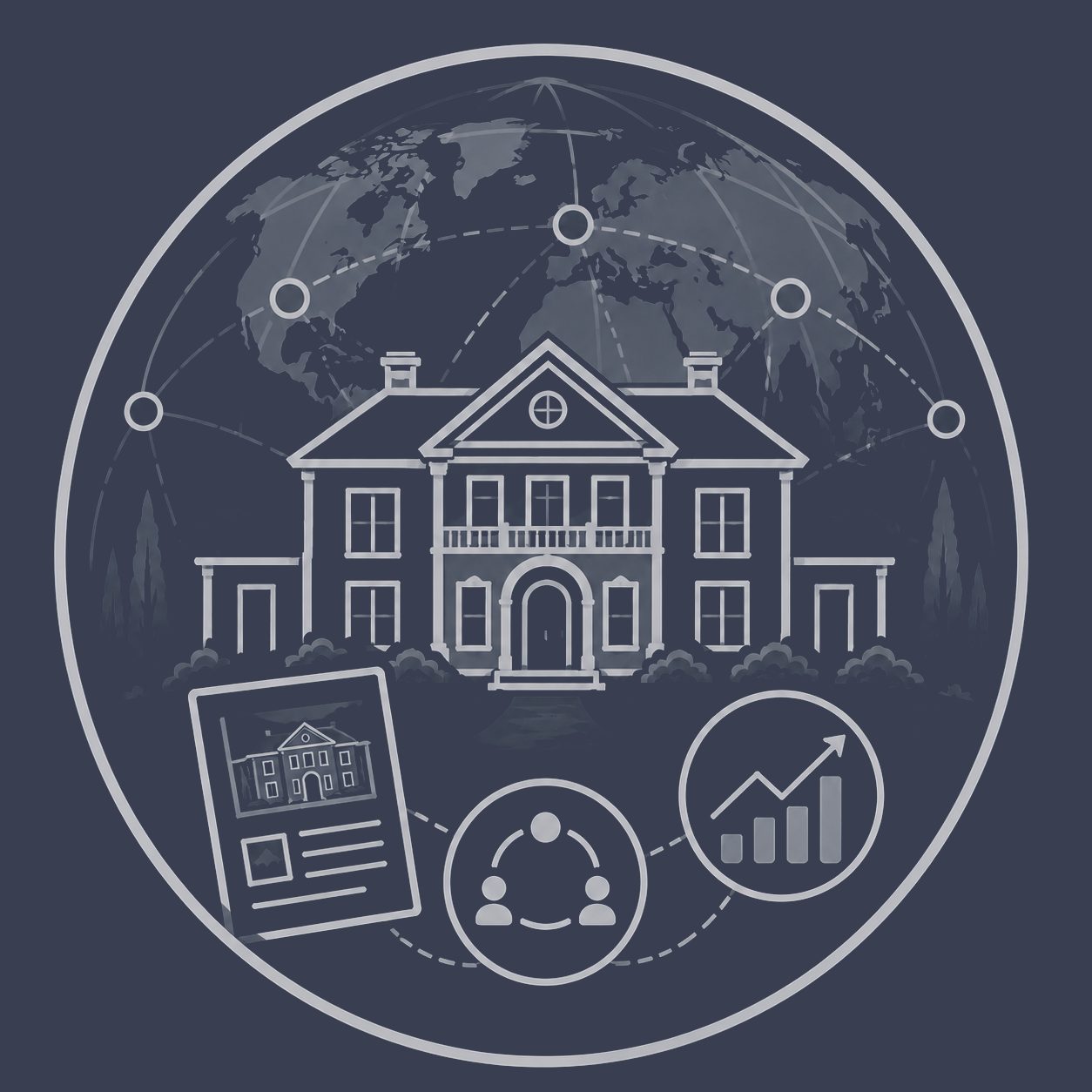 Luxury estate with global network, property presentation and professional audience representing LPI affiliation