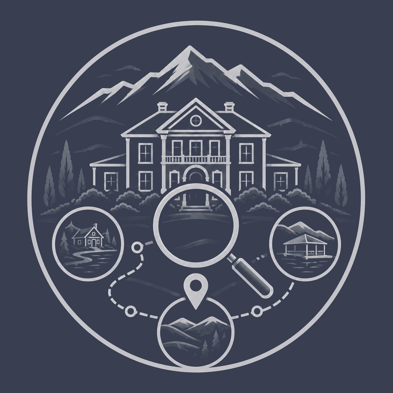 Luxury estate with magnifying glass and lake, mountain and private property options representing buyer guidance