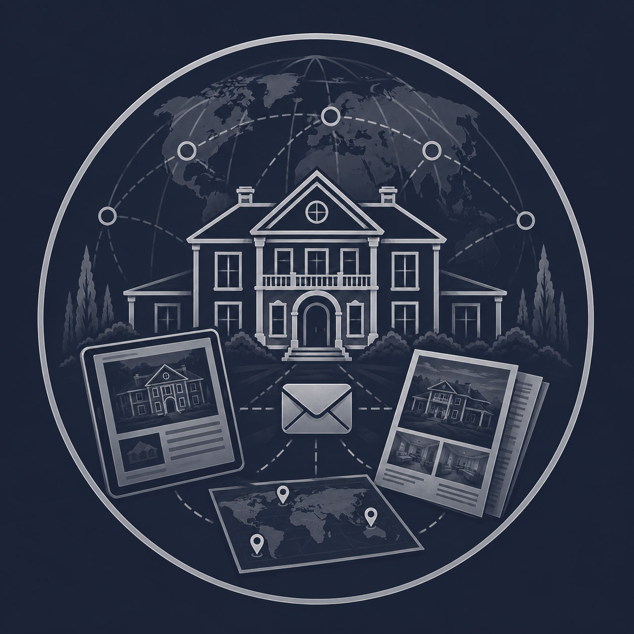 Luxury estate with global map, professional audience and handshake representing broader real estate network exposure