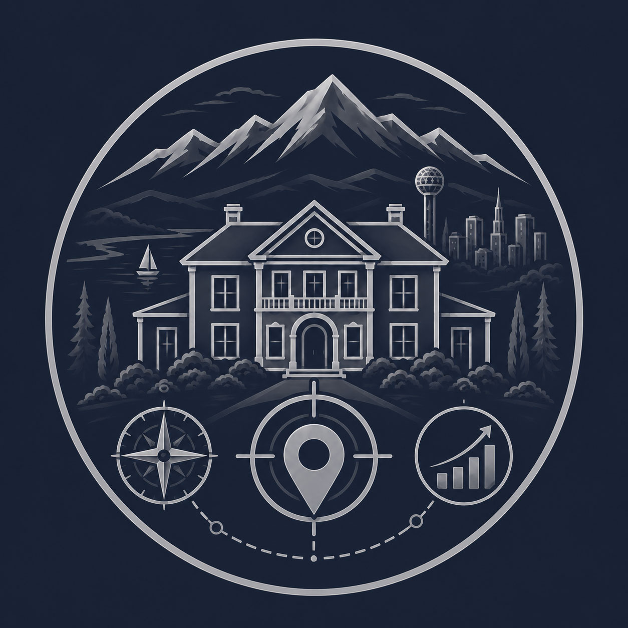 Luxury mansion surrounded by connected real estate professional profiles representing trusted industry relationships